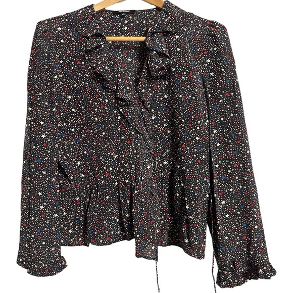 Madewell 100% Silk Starry Night Ruffle Hem Long Sleeve Wrap Holiday Blouse Top - Picture 4 of 14